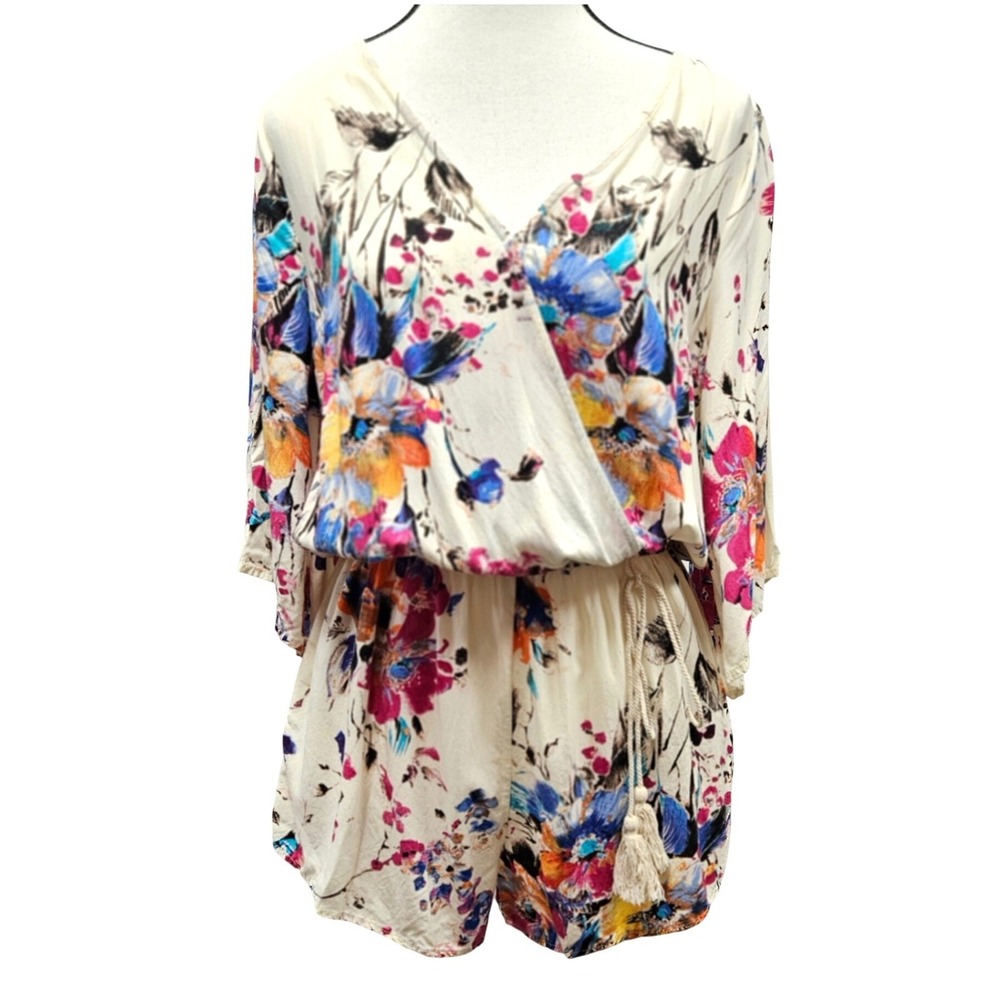 Umgee Romper Womens S Cream Floral Wrap V-Neck Tassel Boho Festival Cottagecore